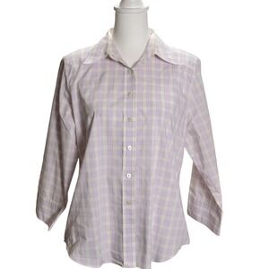 Lands End Pastel Plaid Button Up Shirt Lavender Cream 3/4 Sleeve‎ Classic Preppy